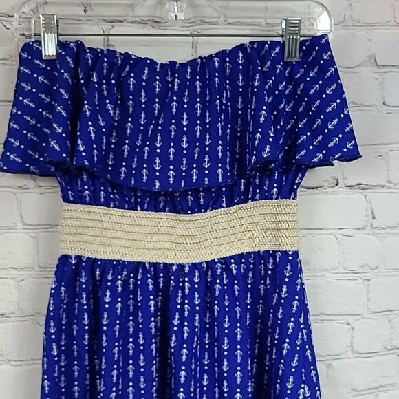 Juniors' Ocean Drive Cobalt Blue Anchor Motif Ruffled Nautical Strapless Dress - Picture 7 of 11